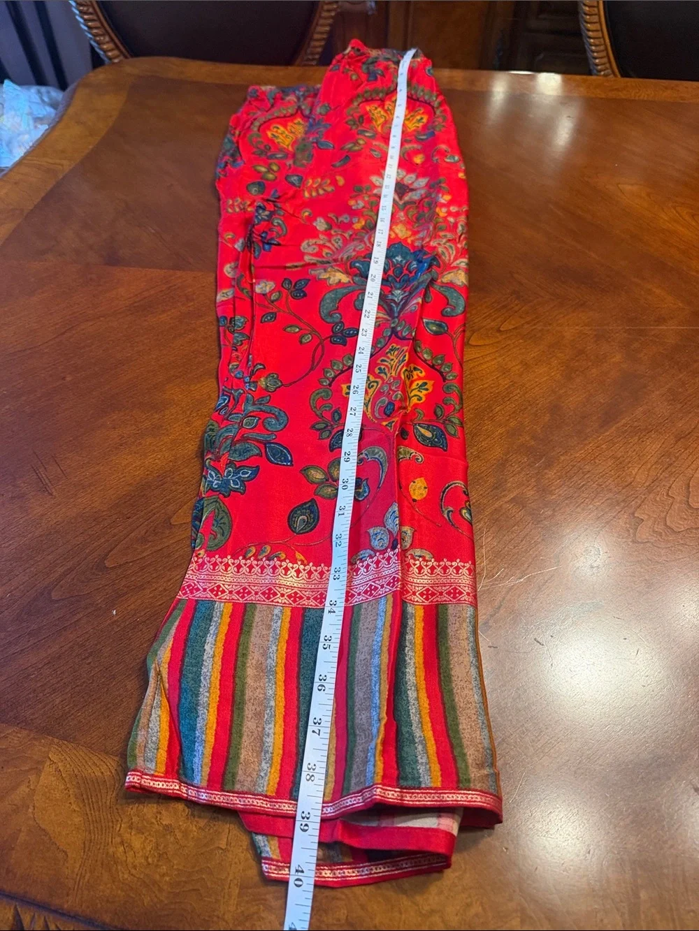 Red Floral coord set with gold print and vibrant stripes. Very good material